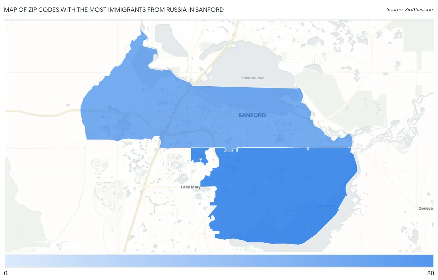 Zip Codes with the Most Immigrants from Russia in Sanford Map