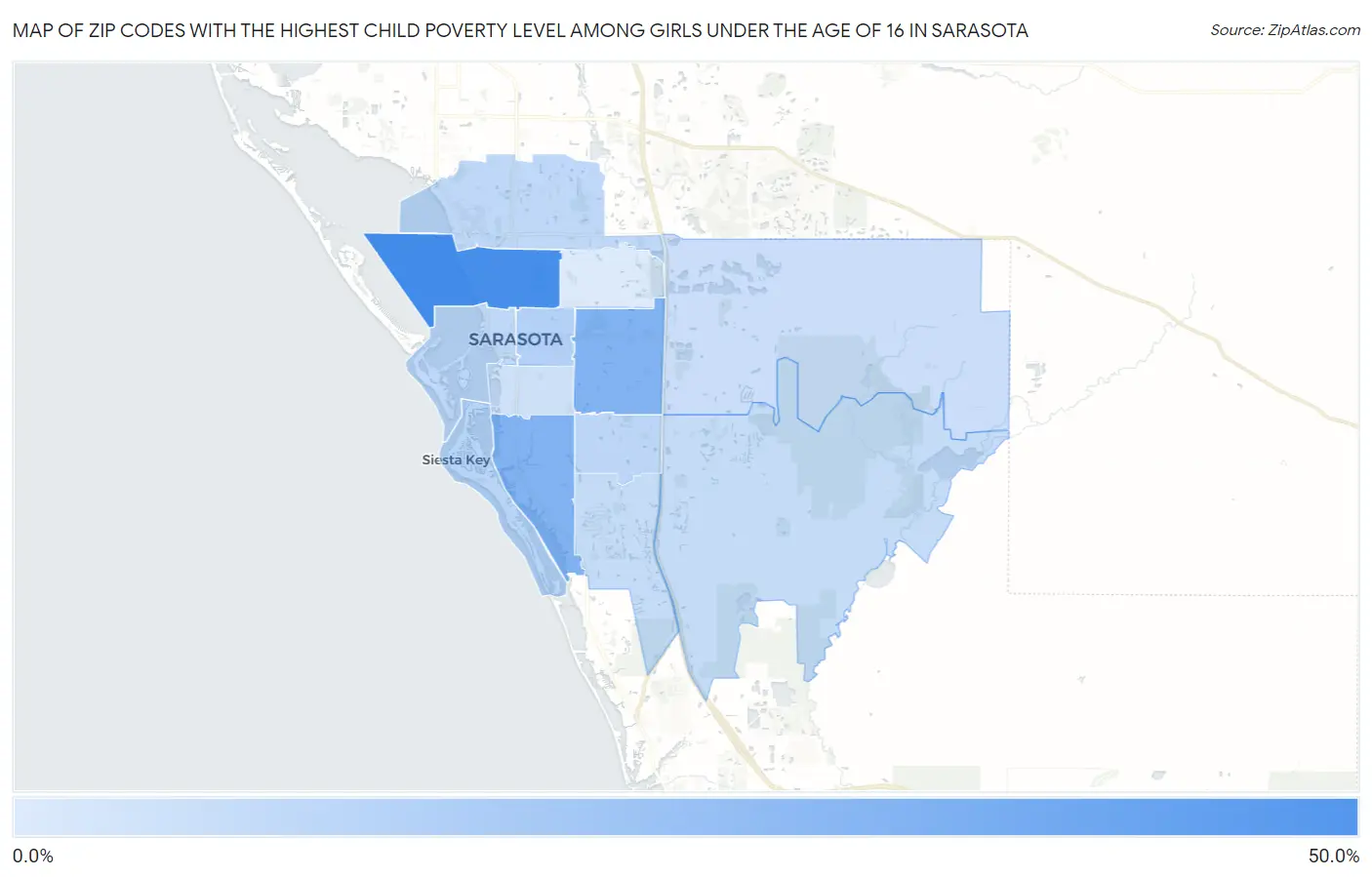 Zip Codes with the Highest Child Poverty Level Among Girls Under the Age of 16 in Sarasota Map
