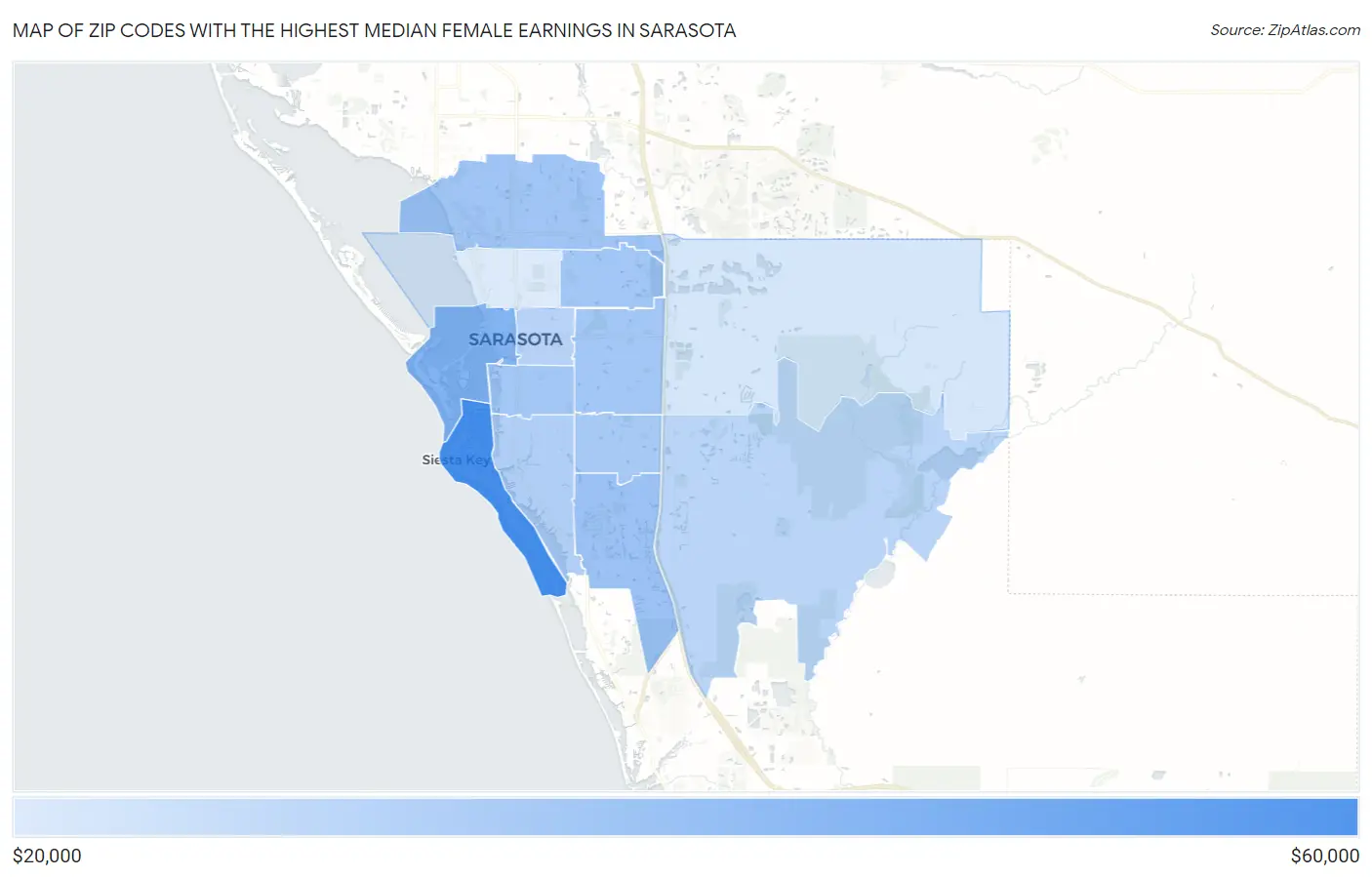 Zip Codes with the Highest Median Female Earnings in Sarasota Map