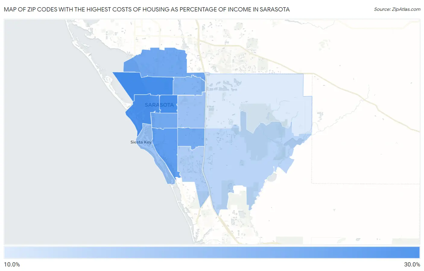 Zip Codes with the Highest Costs of Housing as Percentage of Income in Sarasota Map