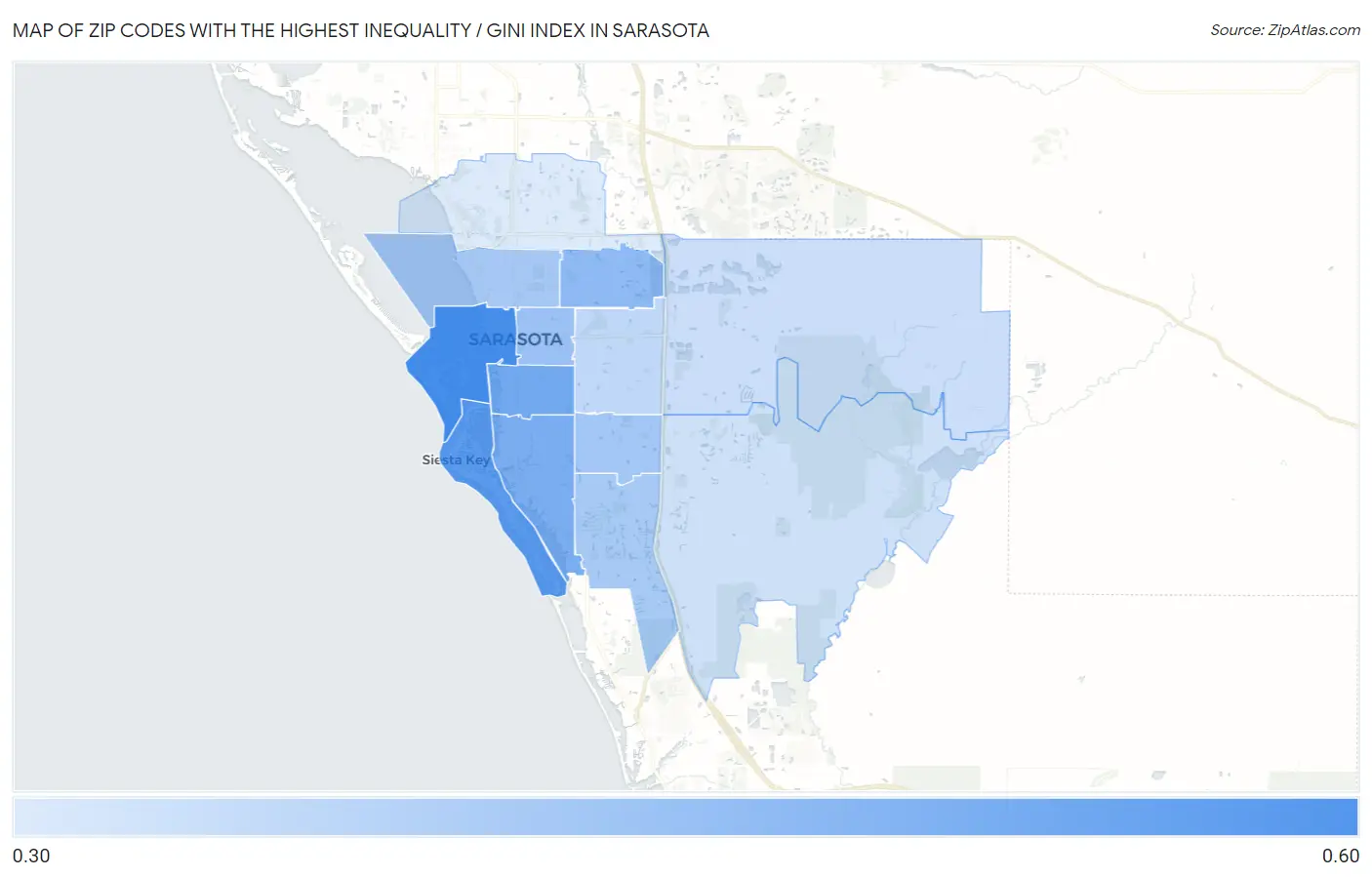 Zip Codes with the Highest Inequality / Gini Index in Sarasota Map