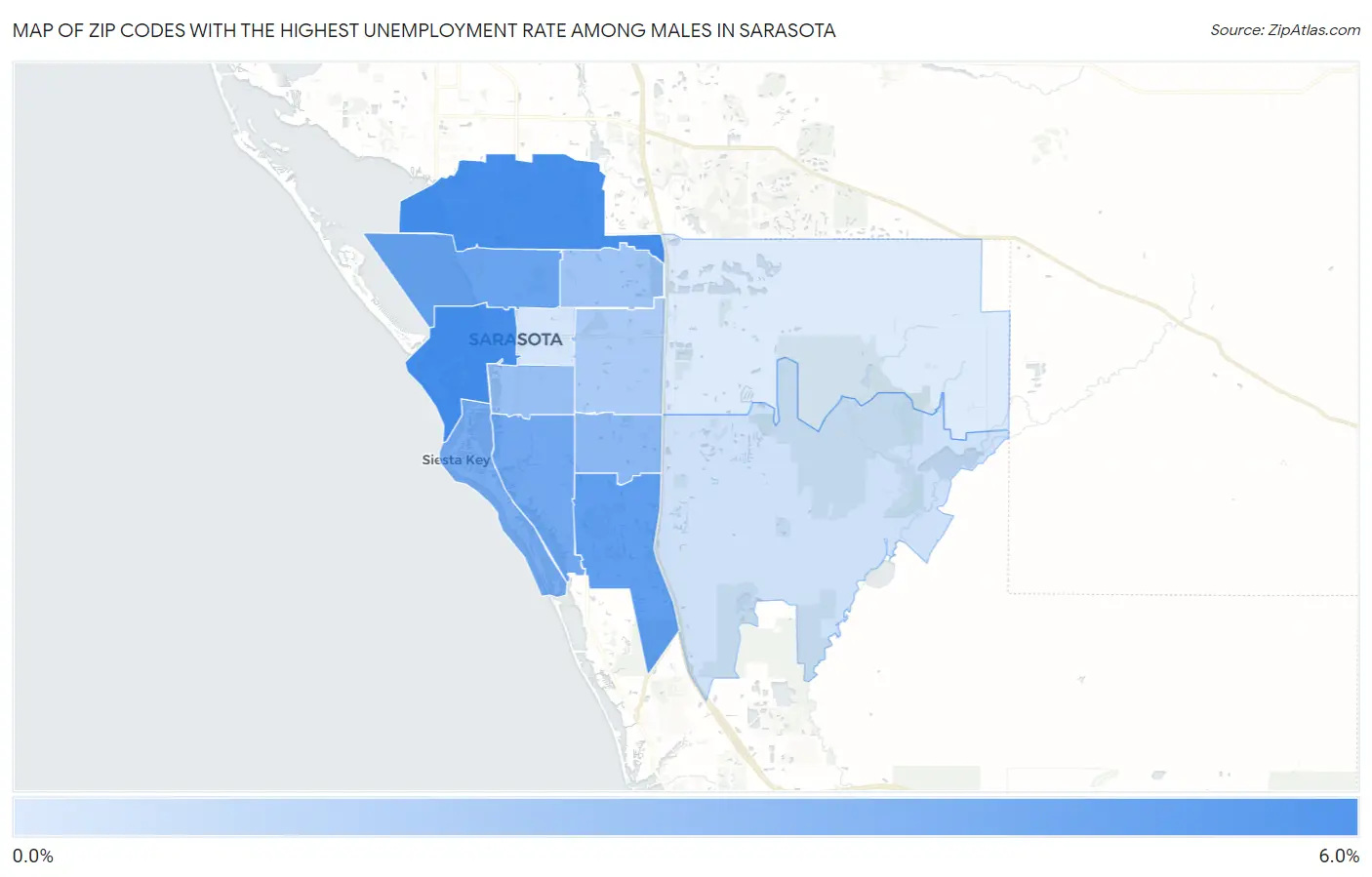 Zip Codes with the Highest Unemployment Rate Among Males in Sarasota Map