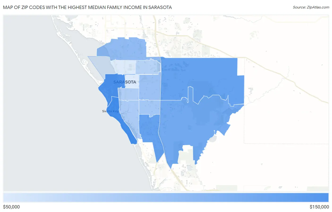 Zip Codes with the Highest Median Family Income in Sarasota Map
