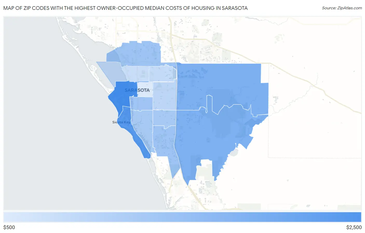 Zip Codes with the Highest Owner-Occupied Median Costs of Housing in Sarasota Map