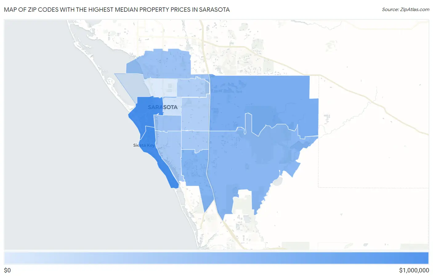 Zip Codes with the Highest Median Property Prices in Sarasota Map