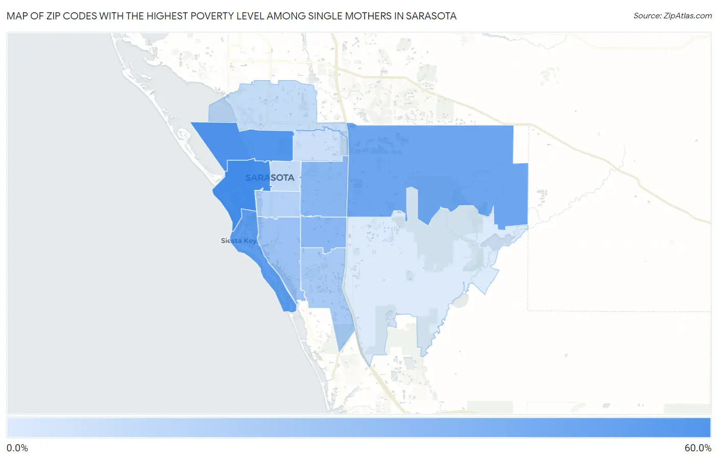 Zip Codes with the Highest Poverty Level Among Single Mothers in Sarasota Map