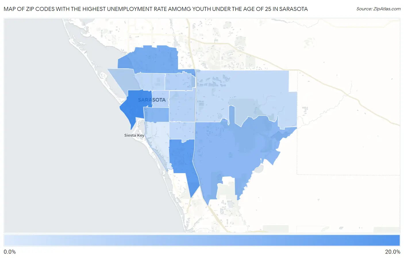 Zip Codes with the Highest Unemployment Rate Amomg Youth Under the Age of 25 in Sarasota Map
