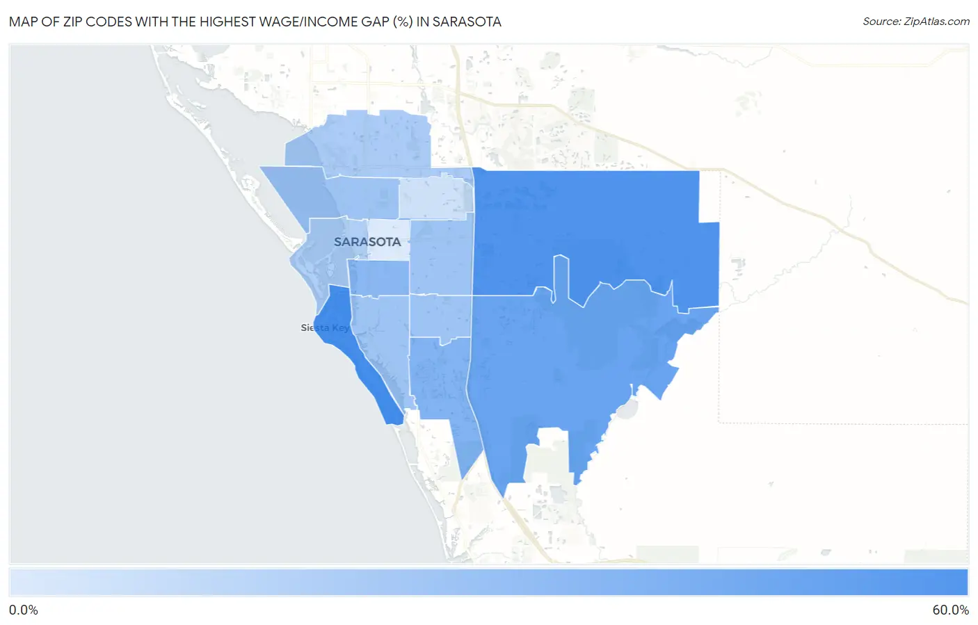 Zip Codes with the Highest Wage/Income Gap (%) in Sarasota Map