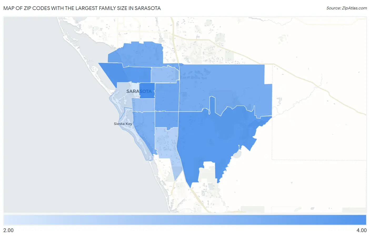 Zip Codes with the Largest Family Size in Sarasota Map