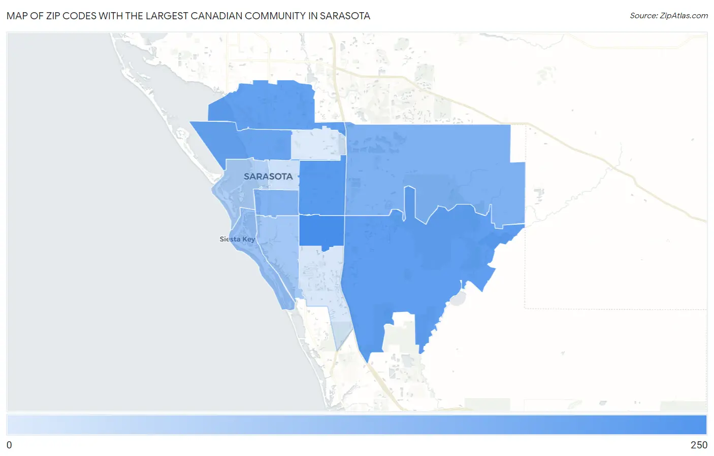 Zip Codes with the Largest Canadian Community in Sarasota Map