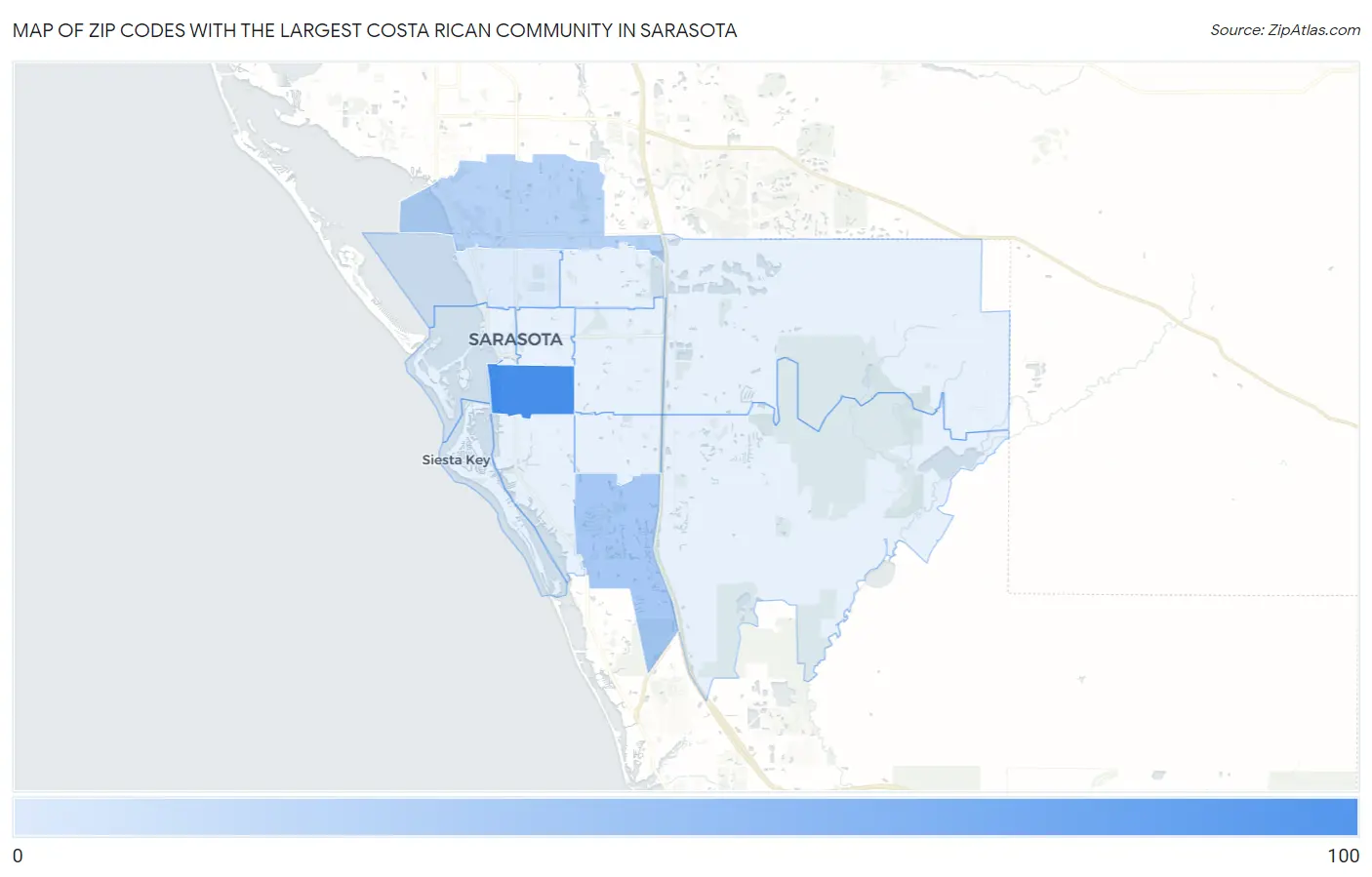 Zip Codes with the Largest Costa Rican Community in Sarasota Map