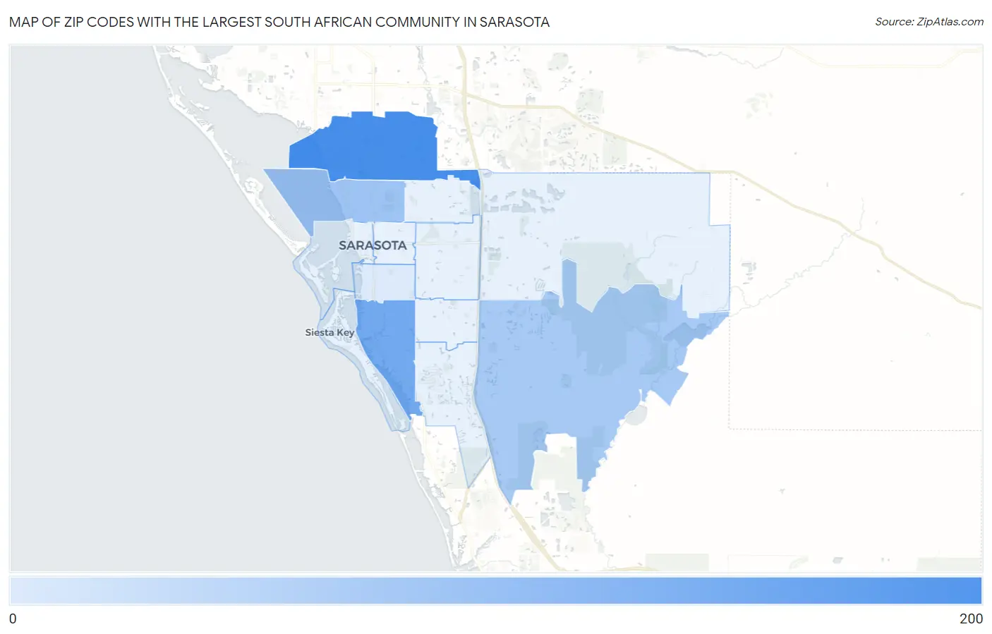 Zip Codes with the Largest South African Community in Sarasota Map