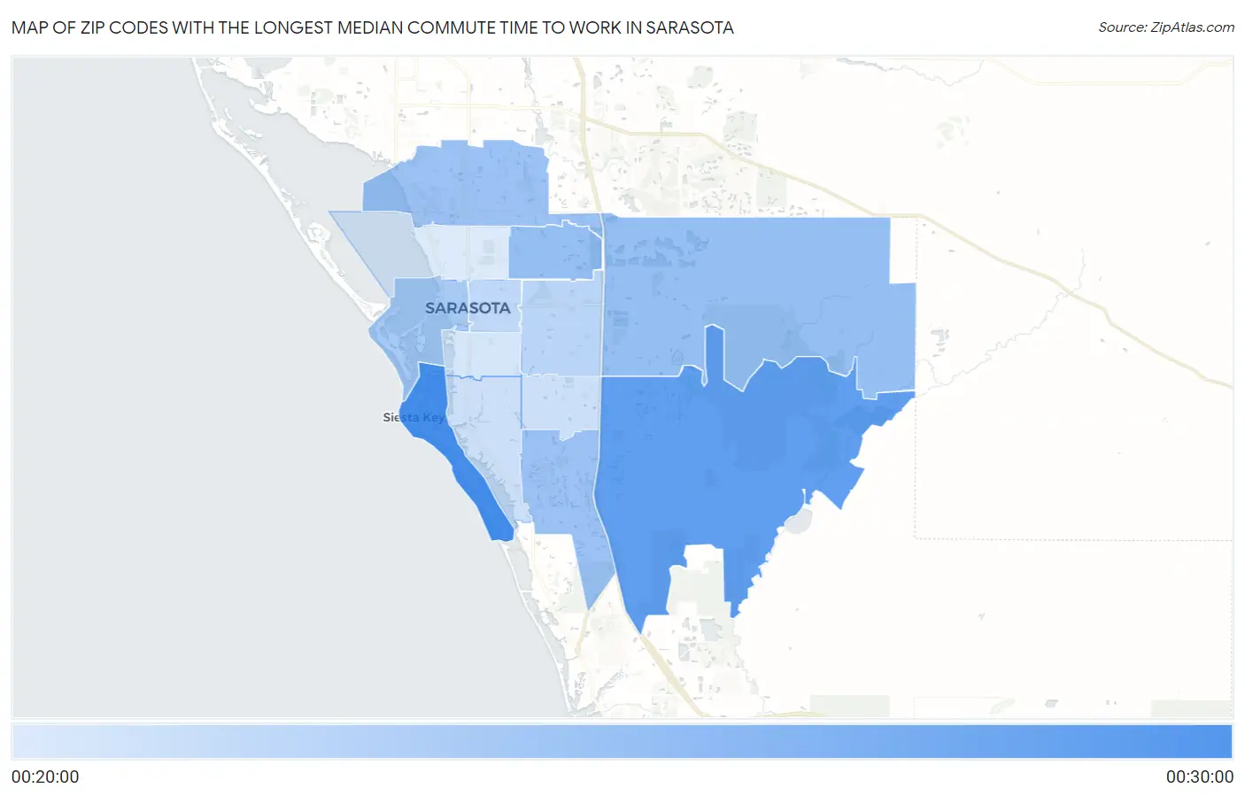 Zip Codes with the Longest Median Commute Time to Work in Sarasota Map
