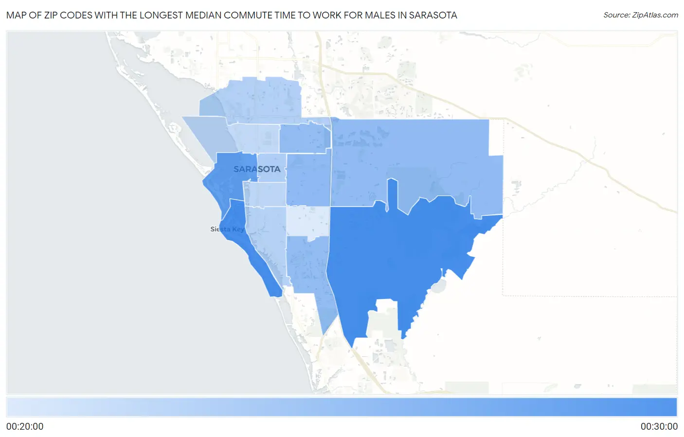 Zip Codes with the Longest Median Commute Time to Work for Males in Sarasota Map
