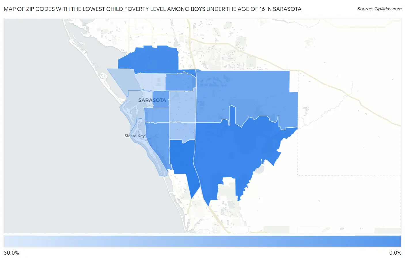 Zip Codes with the Lowest Child Poverty Level Among Boys Under the Age of 16 in Sarasota Map