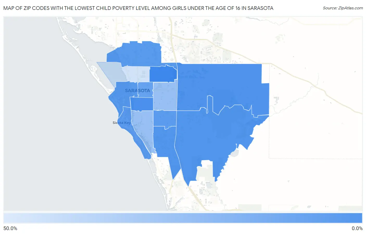 Zip Codes with the Lowest Child Poverty Level Among Girls Under the Age of 16 in Sarasota Map