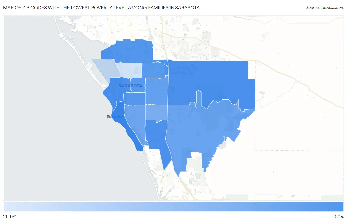 Zip Codes with the Lowest Poverty Level Among Families in Sarasota Map
