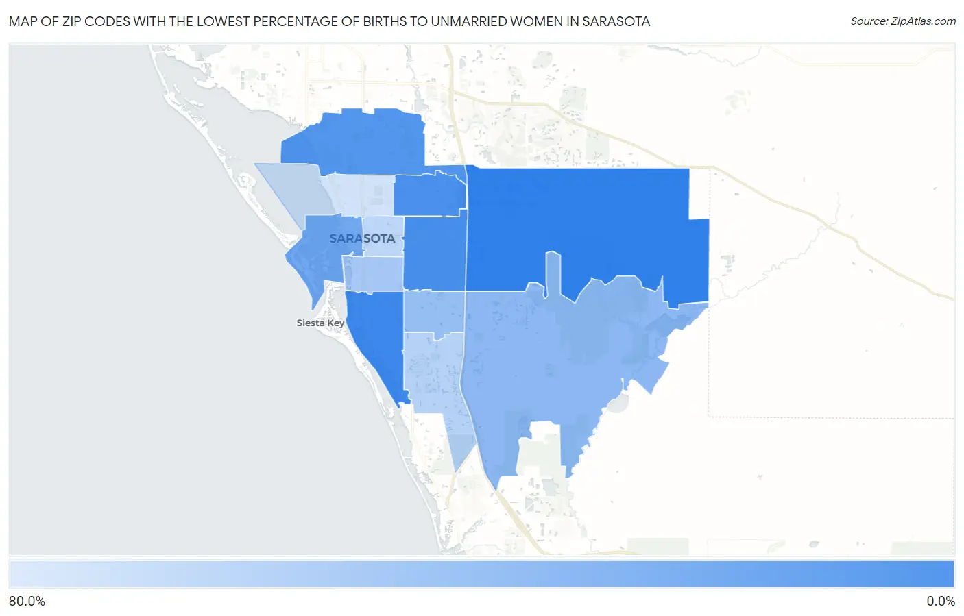 Zip Codes with the Lowest Percentage of Births to Unmarried Women in Sarasota Map