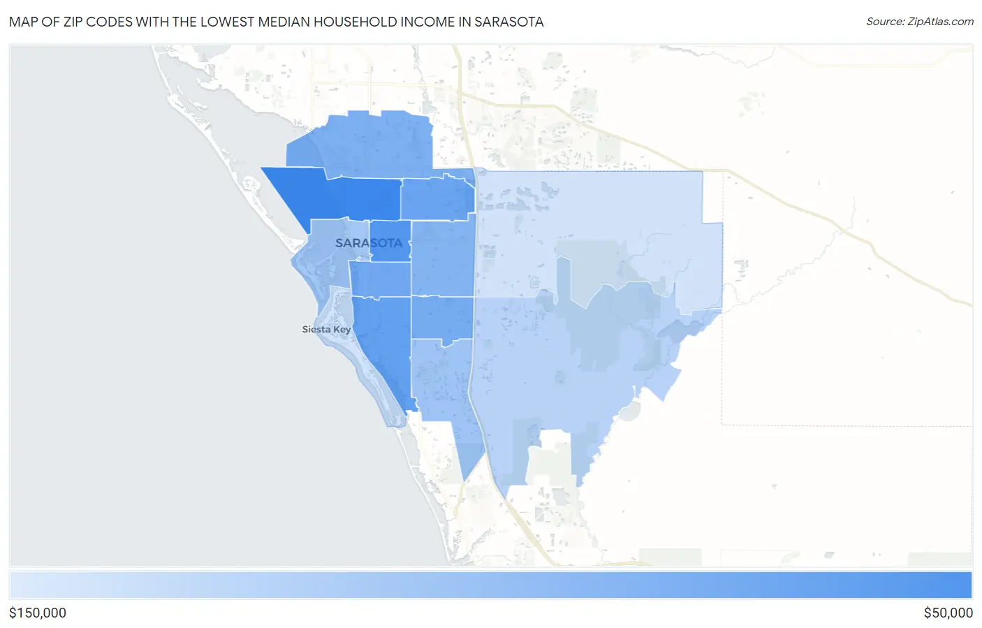 Zip Codes with the Lowest Median Household Income in Sarasota Map