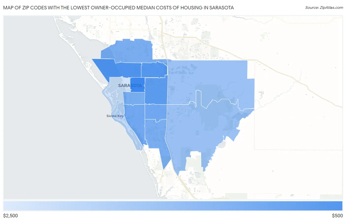 Zip Codes with the Lowest Owner-Occupied Median Costs of Housing in Sarasota Map