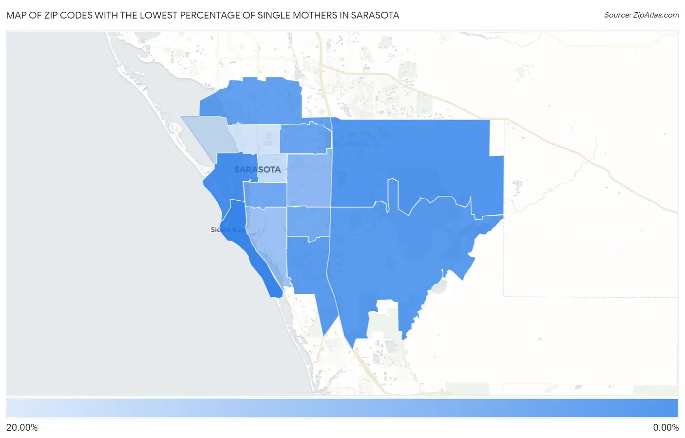Zip Codes with the Lowest Percentage of Single Mothers in Sarasota Map
