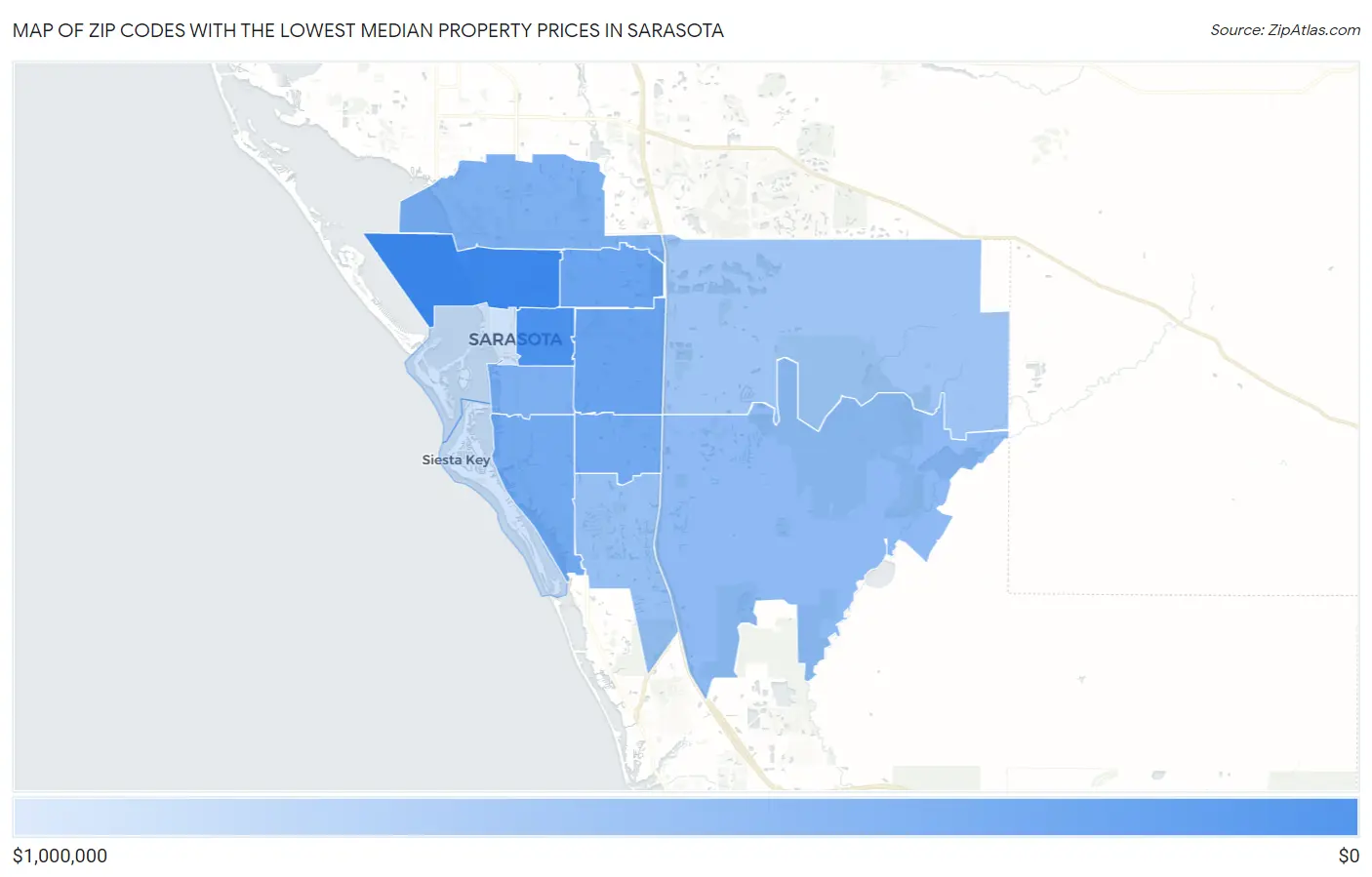 Zip Codes with the Lowest Median Property Prices in Sarasota Map