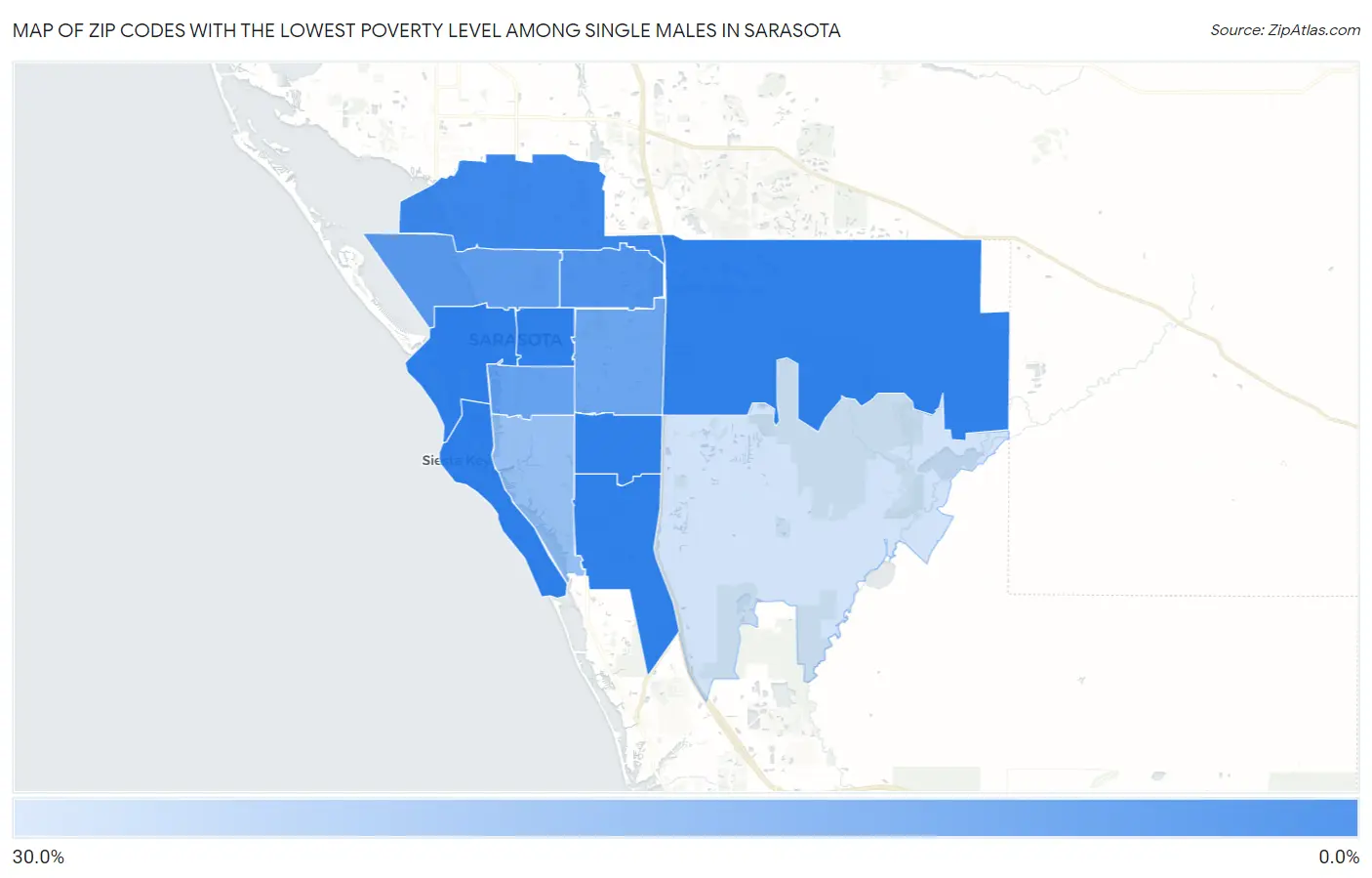 Zip Codes with the Lowest Poverty Level Among Single Males in Sarasota Map
