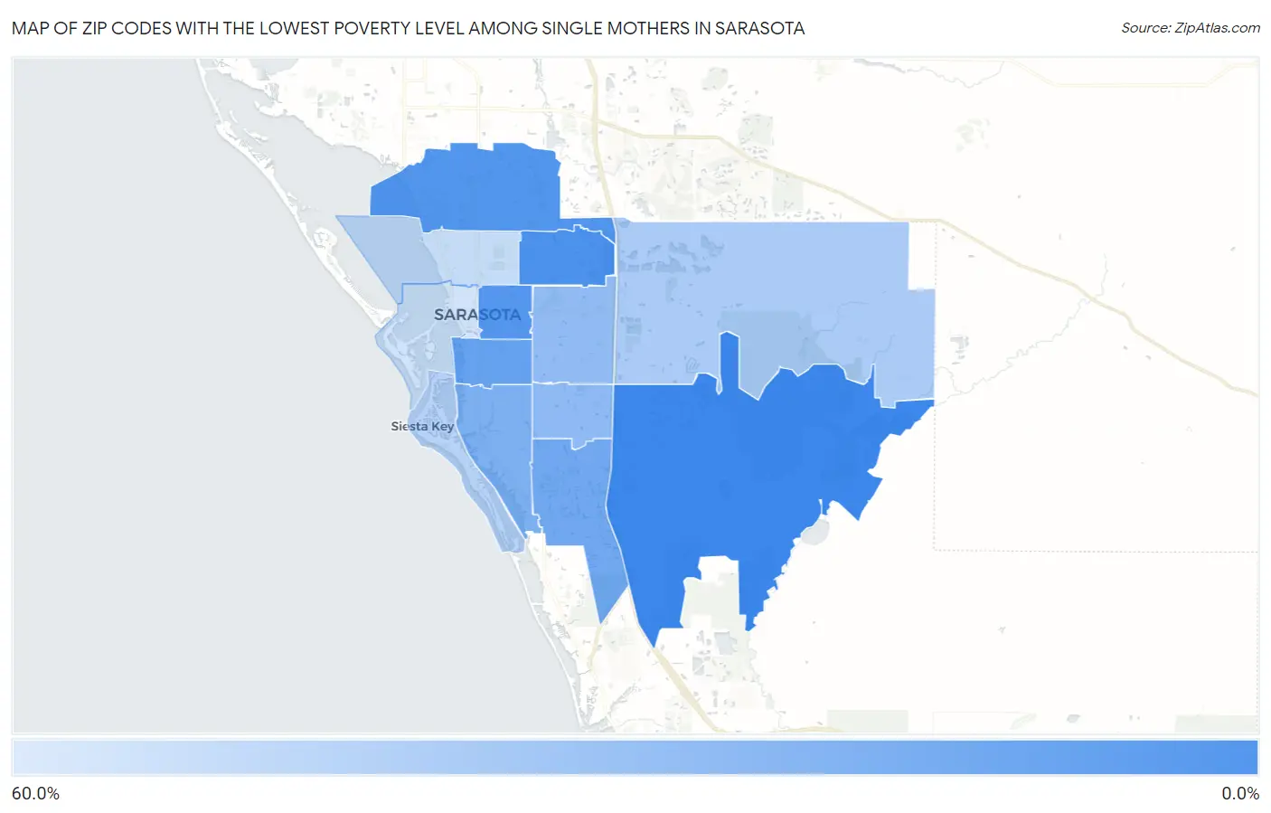 Zip Codes with the Lowest Poverty Level Among Single Mothers in Sarasota Map