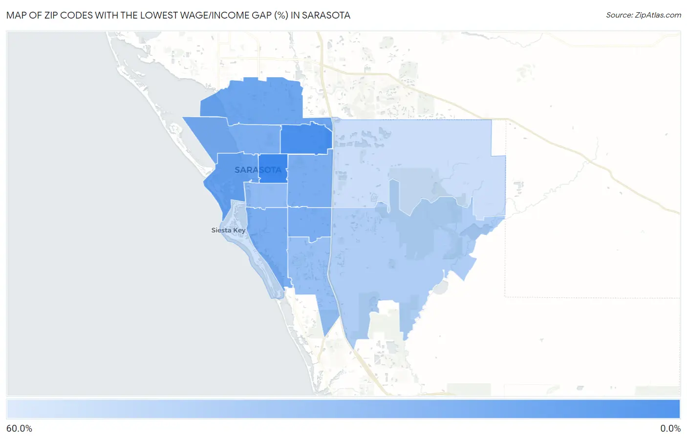 Zip Codes with the Lowest Wage/Income Gap (%) in Sarasota Map