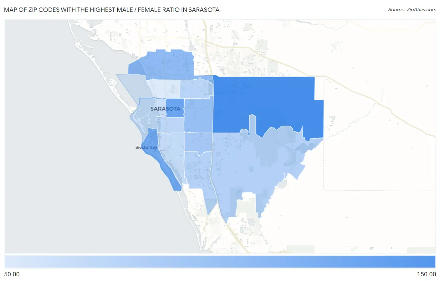 Zip Codes with the Highest Male / Female Ratio in Sarasota Map