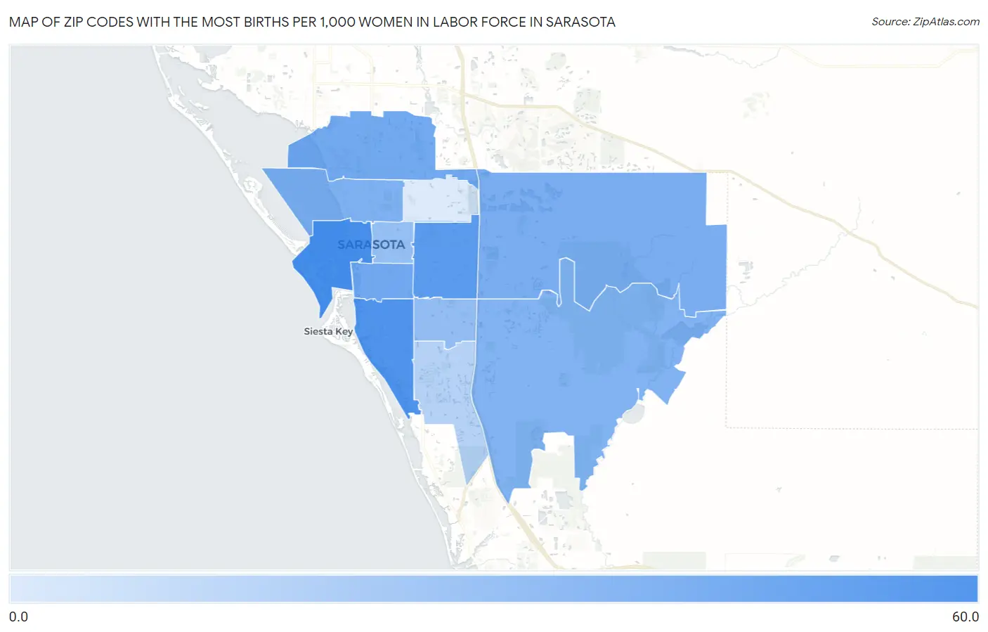 Zip Codes with the Most Births per 1,000 Women in Labor Force in Sarasota Map