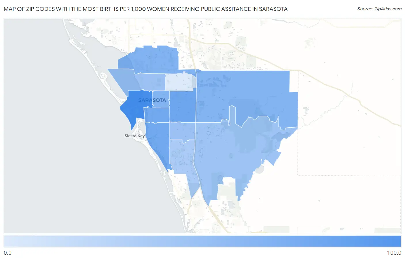 Zip Codes with the Most Births per 1,000 Women Receiving Public Assitance in Sarasota Map
