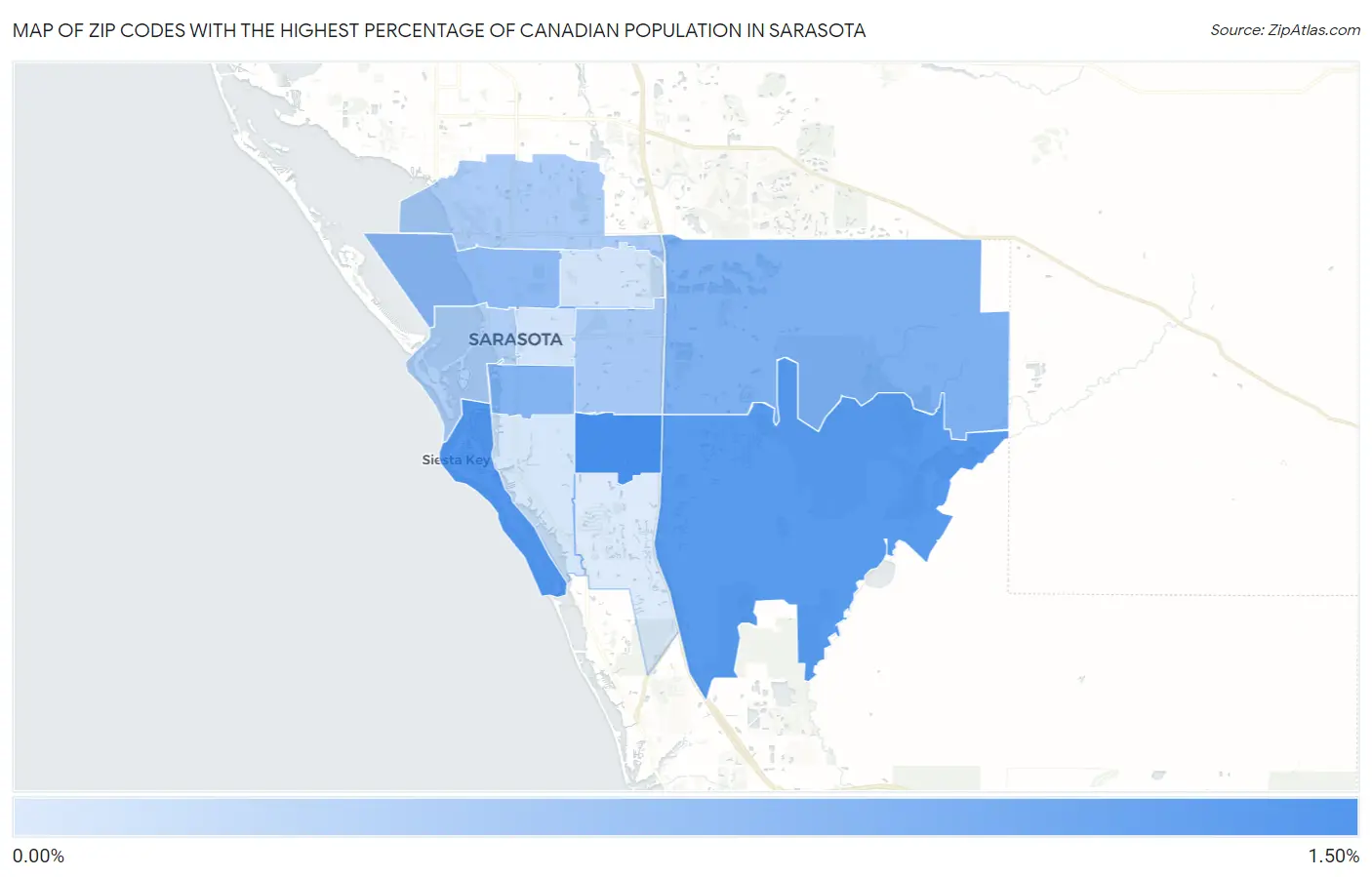 Zip Codes with the Highest Percentage of Canadian Population in Sarasota Map
