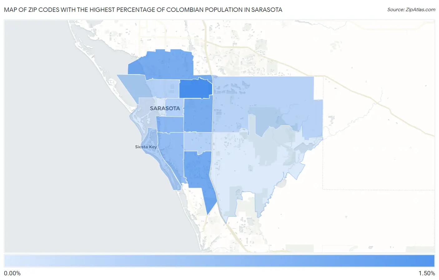 Zip Codes with the Highest Percentage of Colombian Population in Sarasota Map
