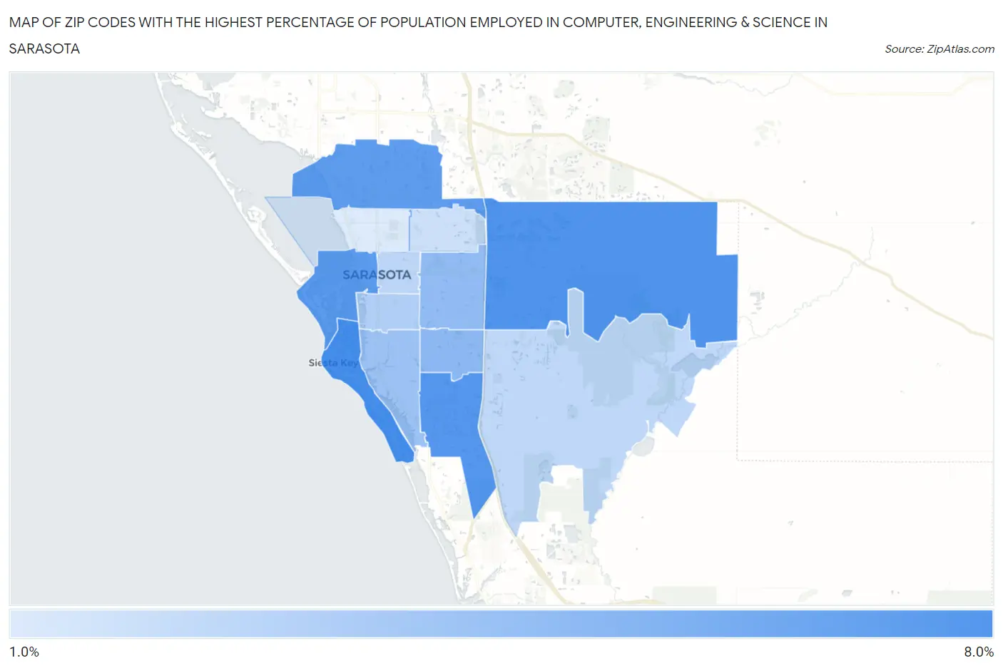 Zip Codes with the Highest Percentage of Population Employed in Computer, Engineering & Science in Sarasota Map