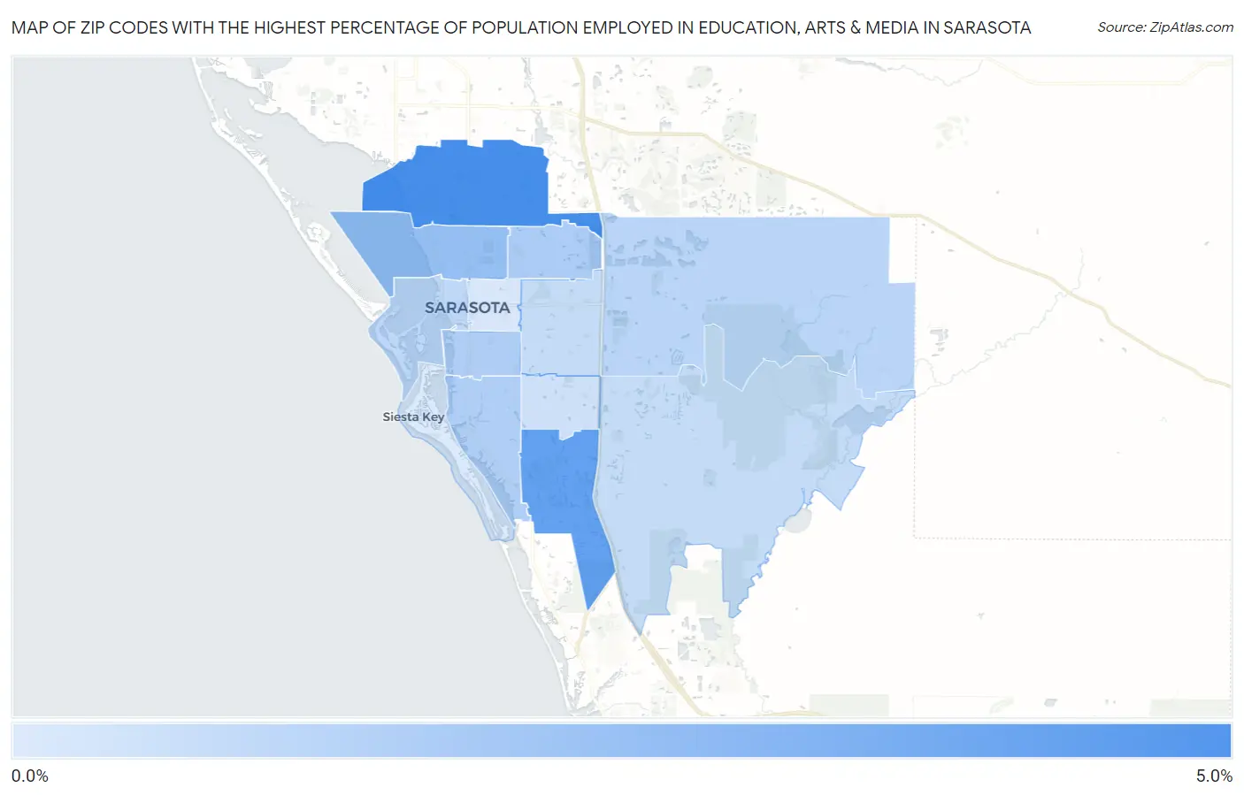 Zip Codes with the Highest Percentage of Population Employed in Education, Arts & Media in Sarasota Map
