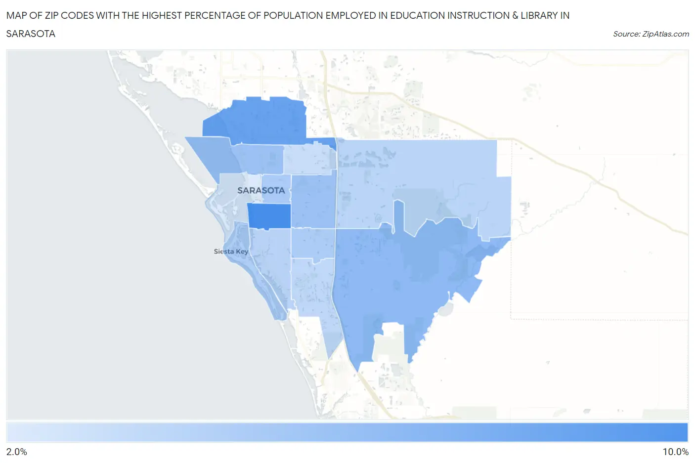 Zip Codes with the Highest Percentage of Population Employed in Education Instruction & Library in Sarasota Map