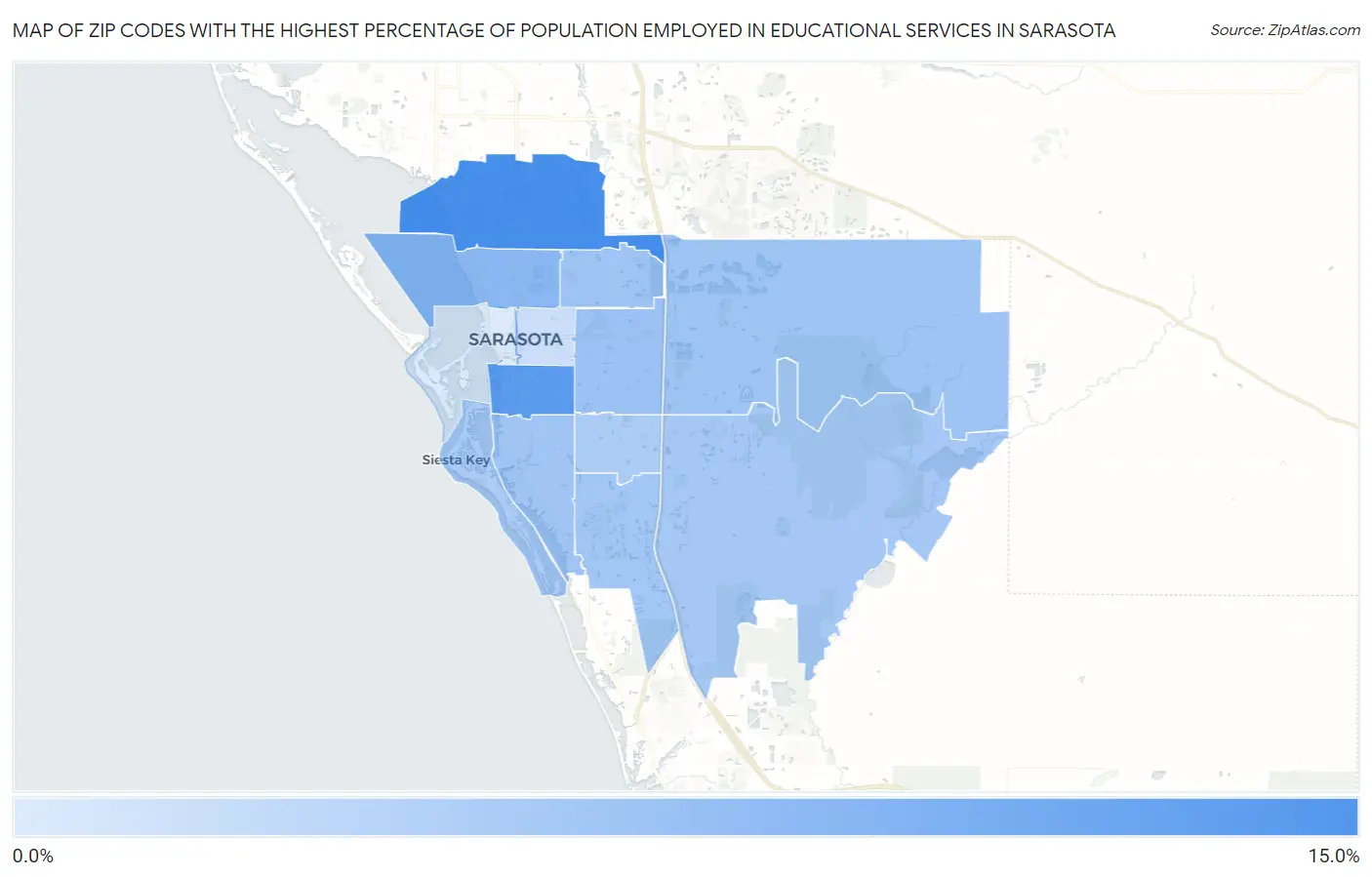 Zip Codes with the Highest Percentage of Population Employed in Educational Services in Sarasota Map