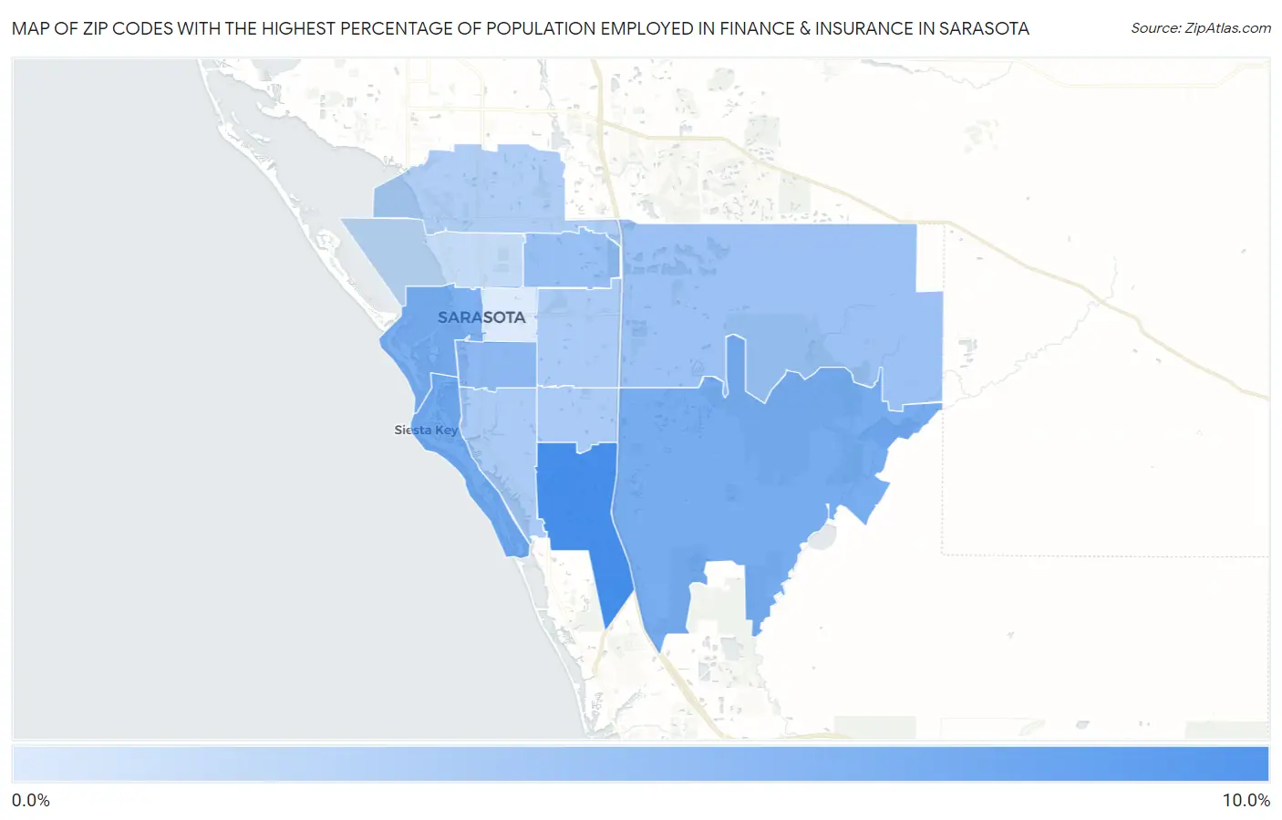 Zip Codes with the Highest Percentage of Population Employed in Finance & Insurance in Sarasota Map