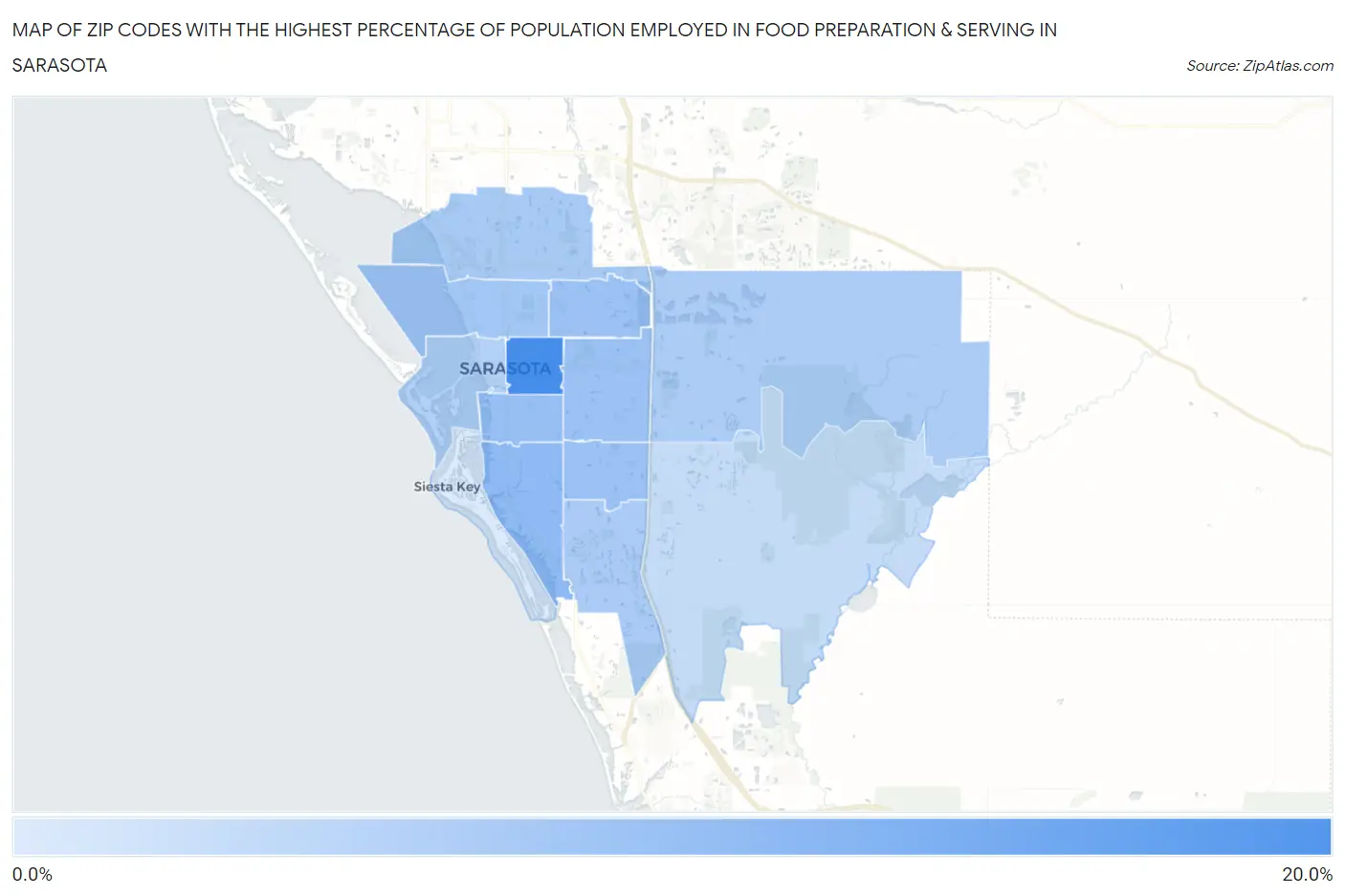 Zip Codes with the Highest Percentage of Population Employed in Food Preparation & Serving in Sarasota Map