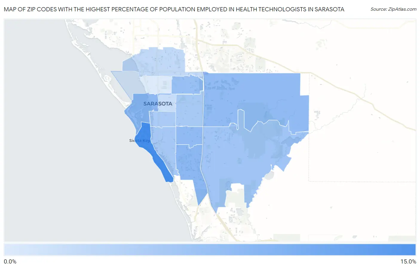 Zip Codes with the Highest Percentage of Population Employed in Health Technologists in Sarasota Map