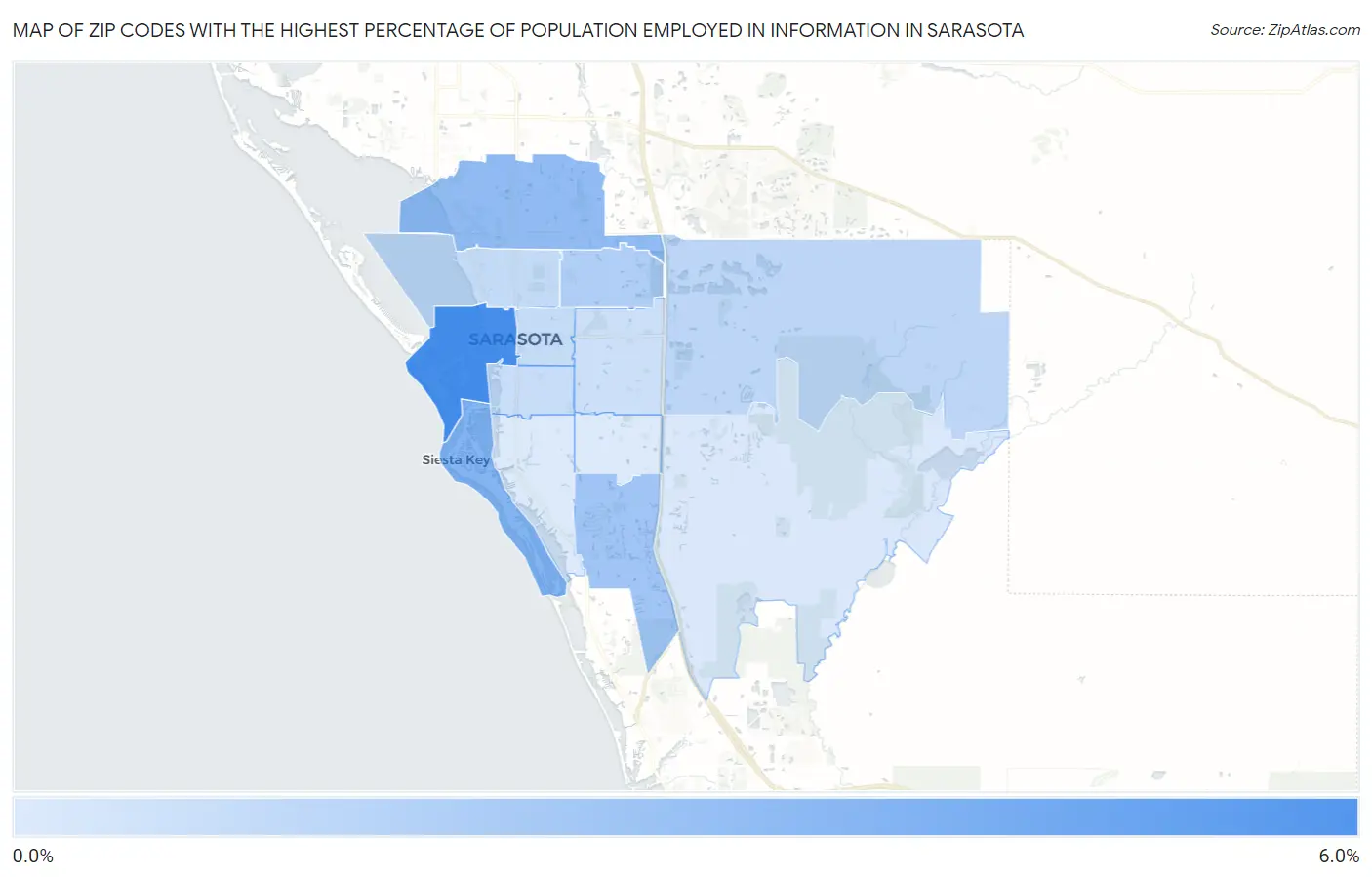 Zip Codes with the Highest Percentage of Population Employed in Information in Sarasota Map