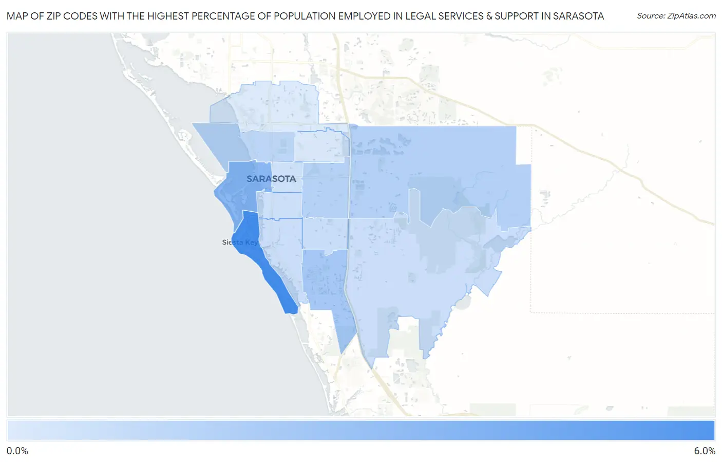 Zip Codes with the Highest Percentage of Population Employed in Legal Services & Support in Sarasota Map