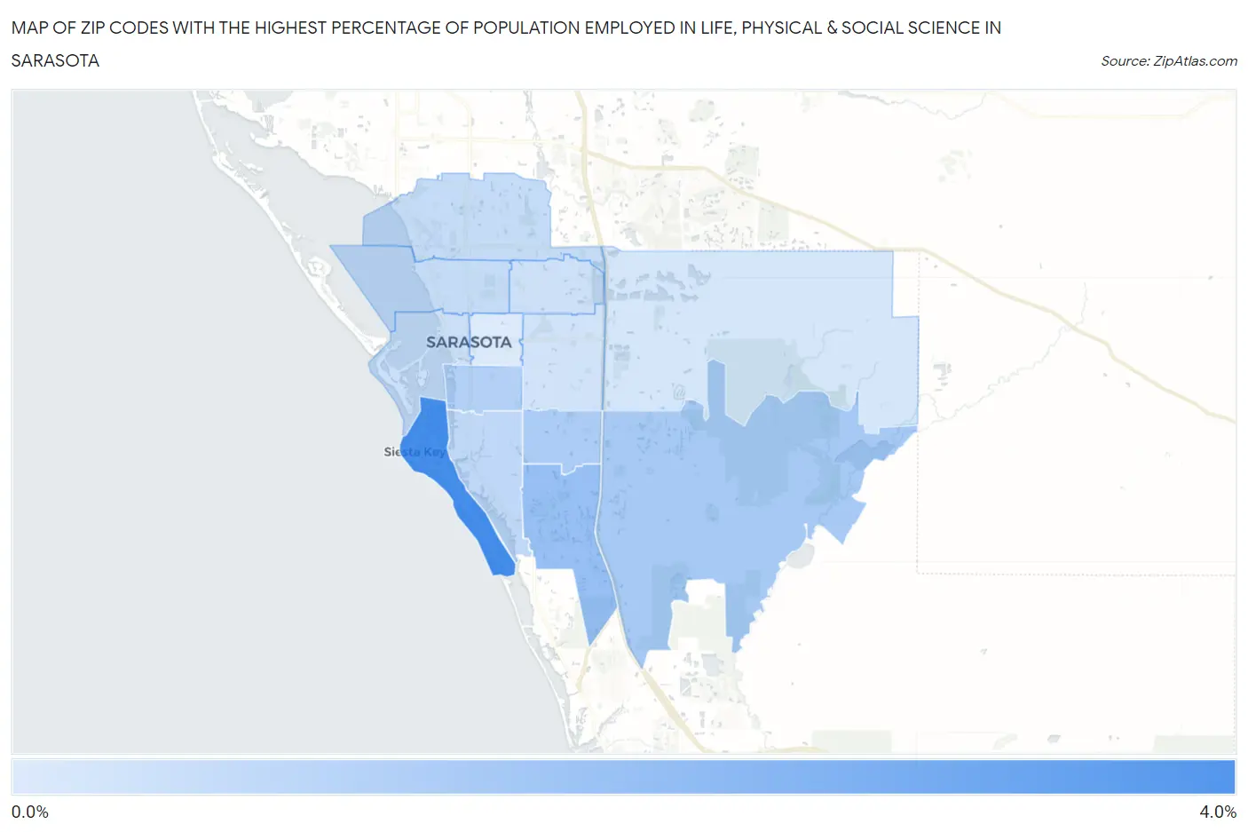Zip Codes with the Highest Percentage of Population Employed in Life, Physical & Social Science in Sarasota Map