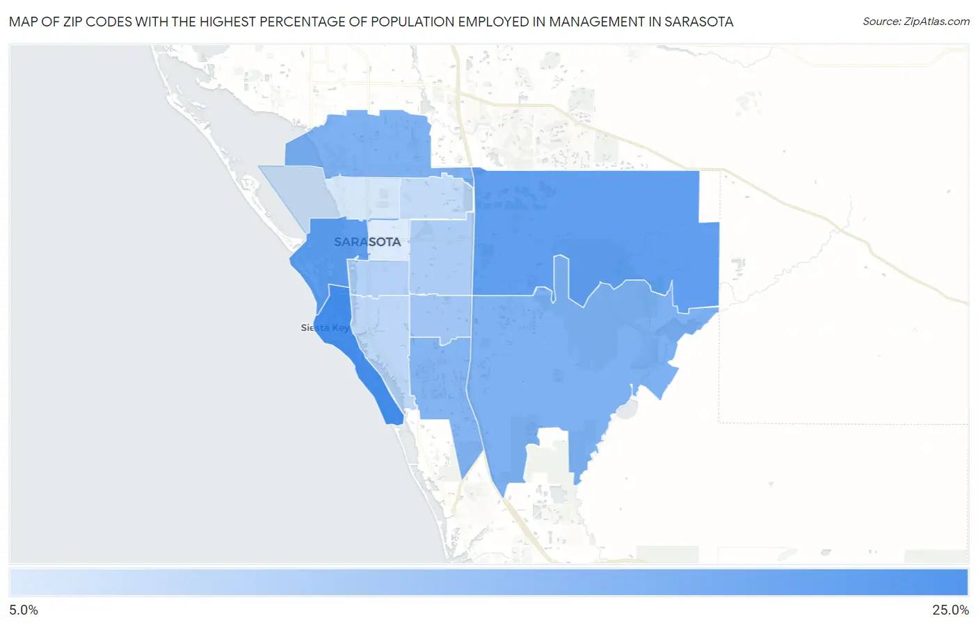 Zip Codes with the Highest Percentage of Population Employed in Management in Sarasota Map