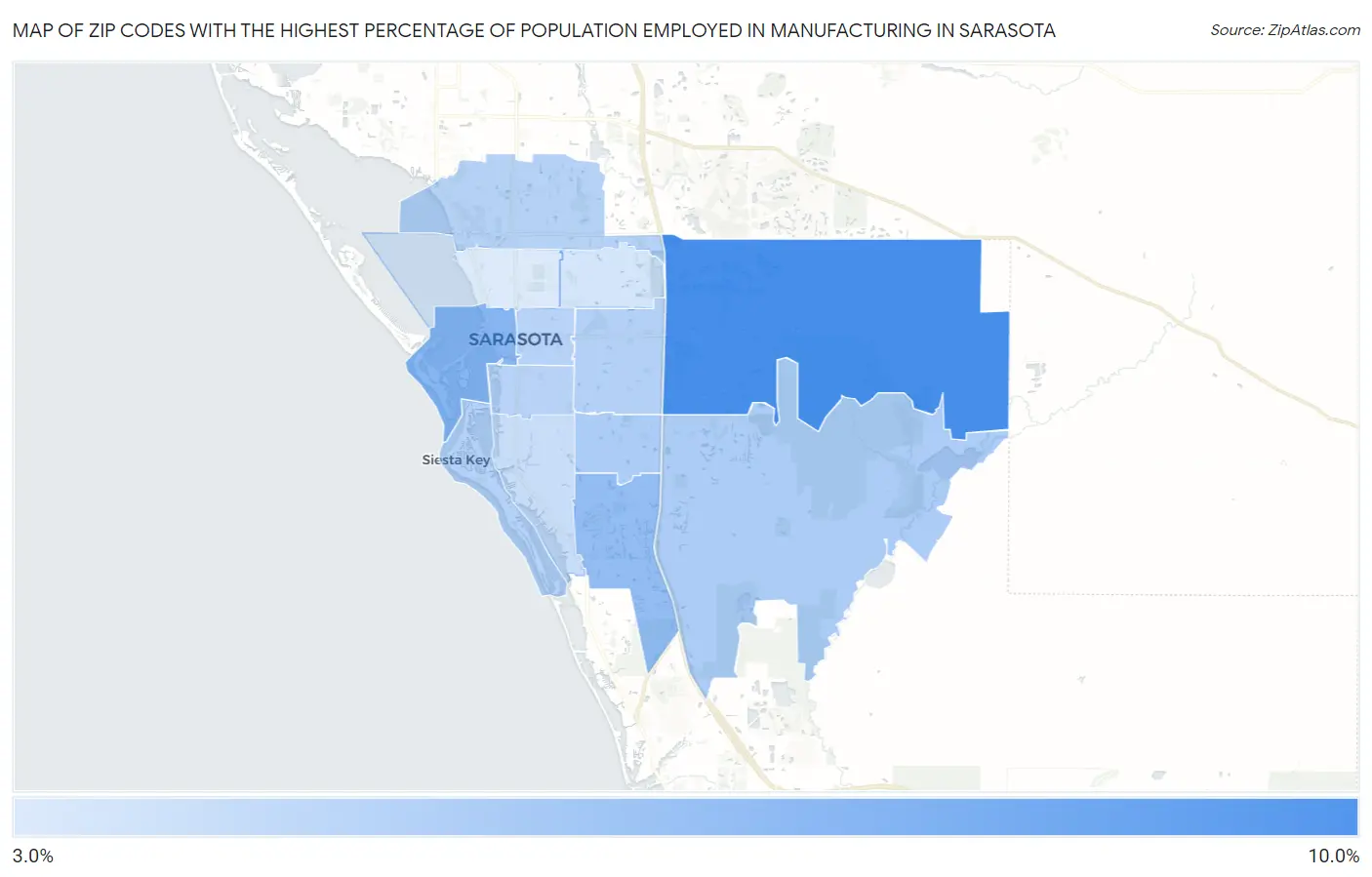 Zip Codes with the Highest Percentage of Population Employed in Manufacturing in Sarasota Map
