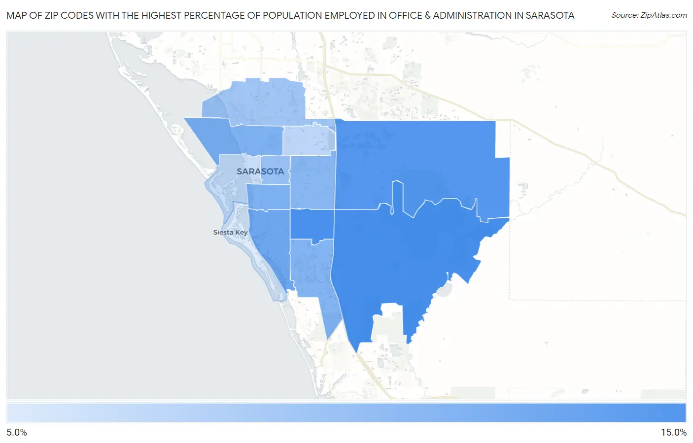 Zip Codes with the Highest Percentage of Population Employed in Office & Administration in Sarasota Map