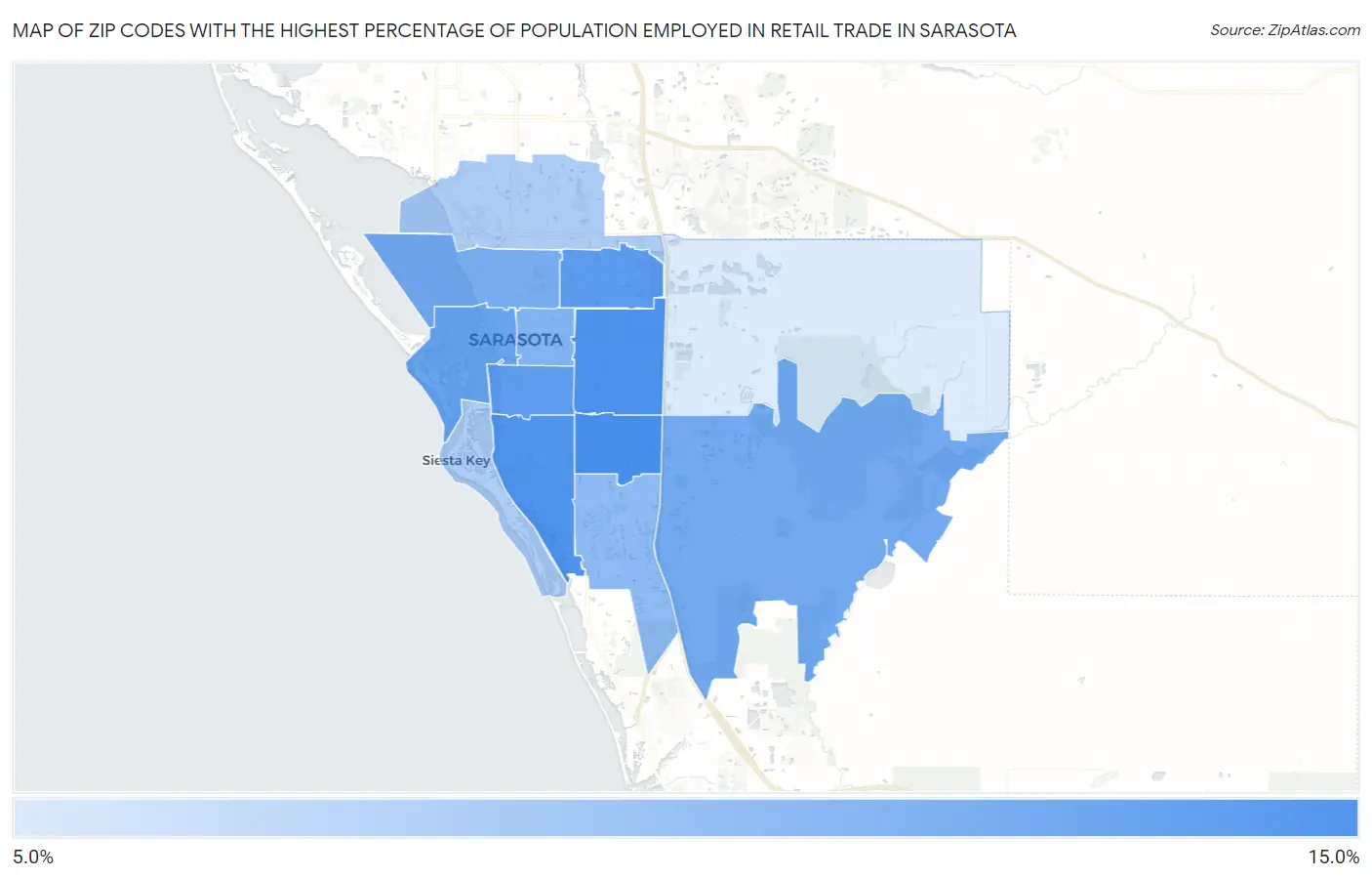 Zip Codes with the Highest Percentage of Population Employed in Retail Trade in Sarasota Map