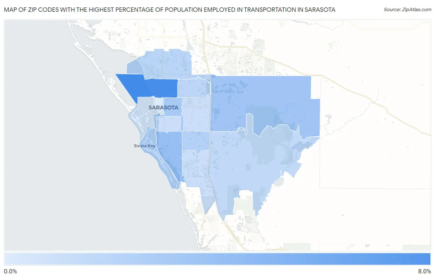 Zip Codes with the Highest Percentage of Population Employed in Transportation in Sarasota Map