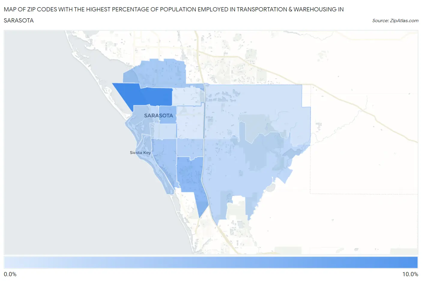 Zip Codes with the Highest Percentage of Population Employed in Transportation & Warehousing in Sarasota Map